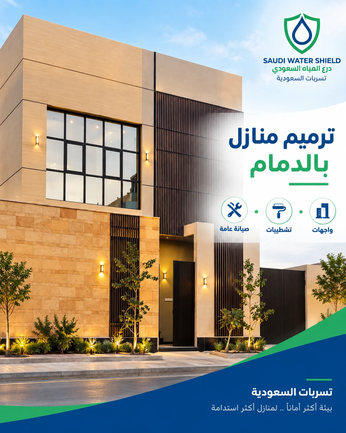 واجهة منزل حديث ضمن تصميم توضيحي لخدمة ترميم المنازل بالدمام من تسربات السعودية
