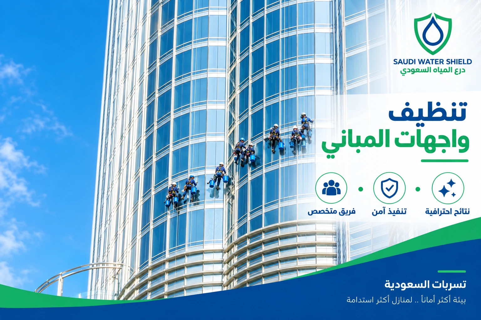 تصميم توضيحي لعمال على واجهة زجاجية لخدمة تنظيف واجهات المباني بالدمام